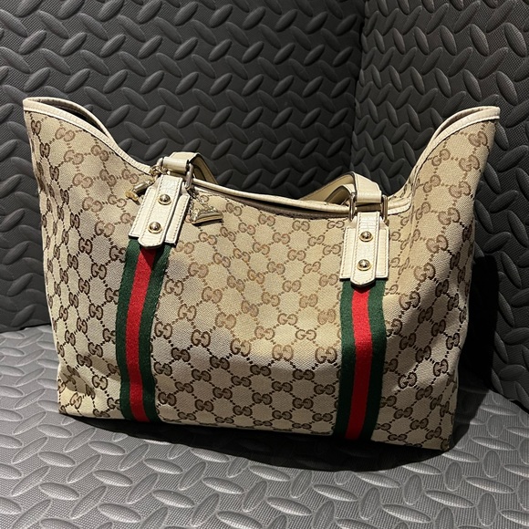 Auth GUCCI Sherry Tote Bag Beige Ivory GG Canvas Leather - Picture 13 of 16